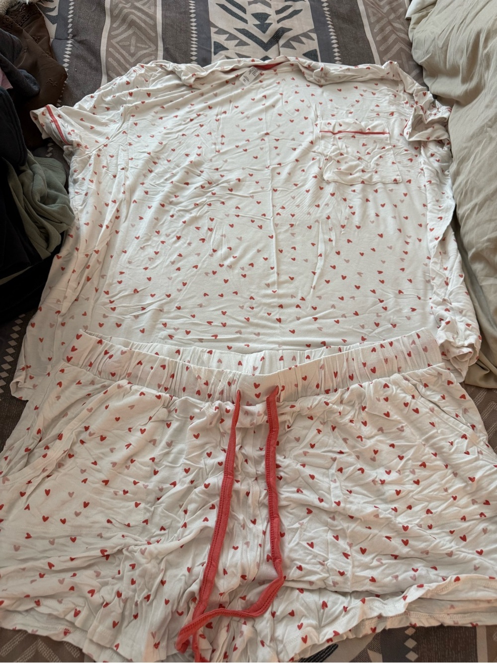 Cream Heart-Print Short Sleeve Pajama Set with Coral Trim
